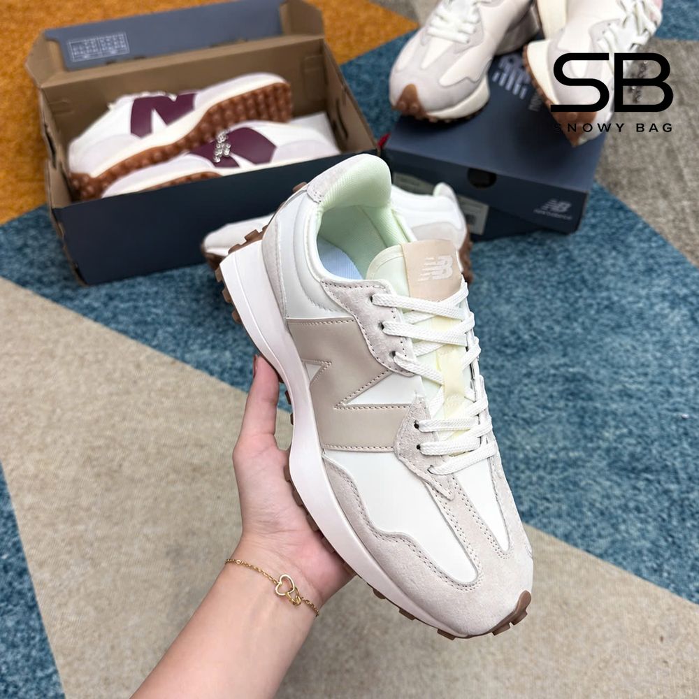 Giày New Balance 327 Linen With Sea Salt màu kem góc nghiêng chi tiết