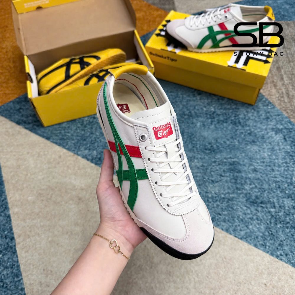 Giày Onitsuka Tiger Mexico 66 SD Birch Green Trắng Sọc Xanh Đỏ góc nghiêng chi tiết