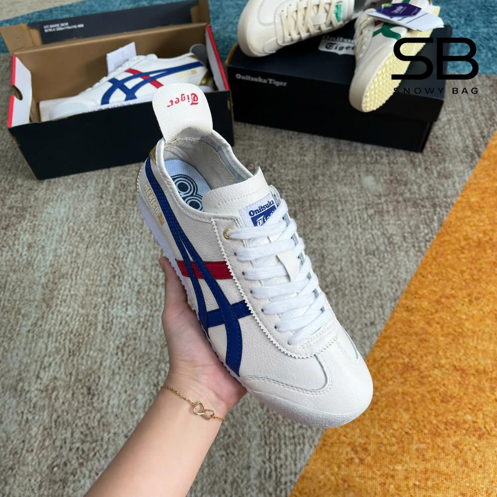 Giày Onitsuka Tiger Mexico 66 Trắng Xanh Đỏ Metallic Gold góc nghiêng chi tiết
