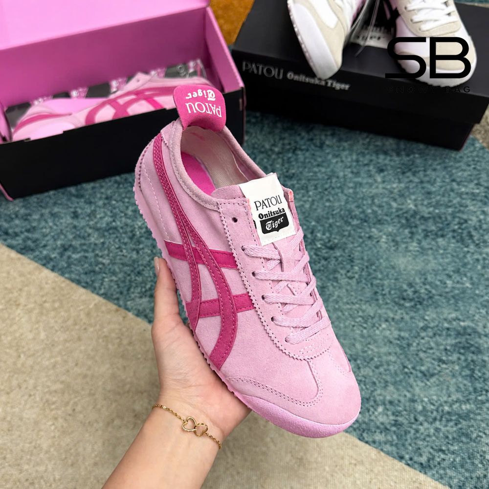 Giày Onitsuka Tiger x PATOU Mexico 66 Cotton Candy Bright Rose Hồng góc nghiêng chi tiết
