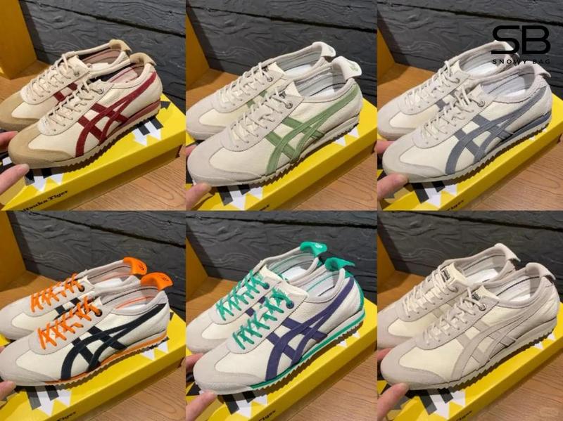 Đôi giày Onitsuka Tiger Mexico 66 SD với thiết kế và màu sắc nổi bật, được chụp từ trên xuống.