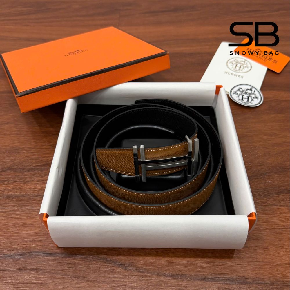 Thắt Lưng Hermes H Au Carre Belt Gold Noir Epsom màu nâu góc nghiêng