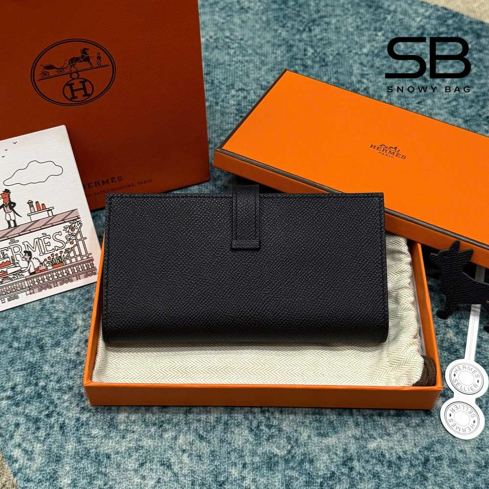 Ví Hermes Bearn Long Wallet Noir Black Epsom GHW màu đen góc nghiêng chi tiết